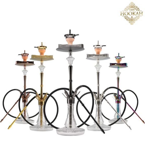 A collection of four distinct hookahs, showcasing various designs and colors, arranged aesthetically