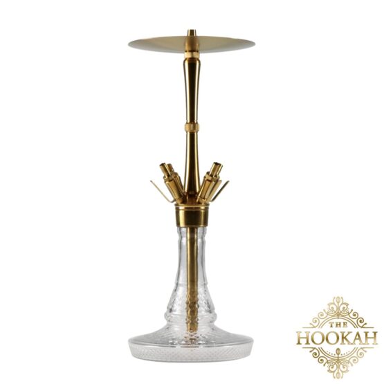 Eine goldene und klare Glasröhre mit einem goldenen Griff, die das elegante Design der Hanzo GOLD Shisha präsentiert.