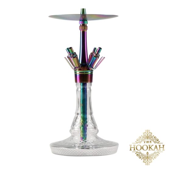 Eine Glasröhre mit einem lebendigen, regenbogenfarbenen Griff, der eine Mischung aus Farben in einem eleganten Design präsentiert.
