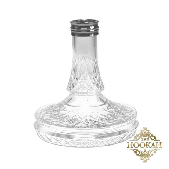 Eine klare Glasflasche mit goldenen Akzenten, elegant auf einem Shisha-Ständer mit der Bezeichnung Daywalker Bowl Black präsentiert.