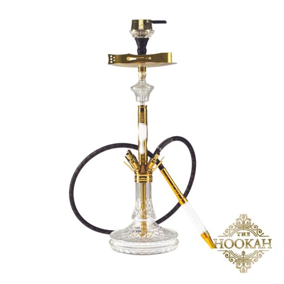Eine stilvolle Shisha mit einem markanten Weiß-Gold-Design, namens Daywalk Gold, elegant auf einer Oberfläche präsentiert.