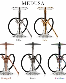 THE HOOKAH MEDUSA in fünf Farben: oben Silber und Gold, unten Roségold, Black und Rainbow, jeweils mit Glas-Bowl, Schlauch und Mundstück auf Weiß.