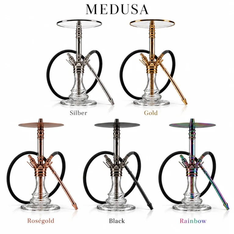 THE HOOKAH MEDUSA in fünf Farben: oben Silber und Gold, unten Roségold, Black und Rainbow, jeweils mit Glas-Bowl, Schlauch und Mundstück auf Weiß.