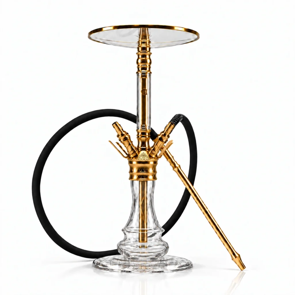 THE HOOKAH MEDUSA Gold auf Weiß, mit geschliffener Glas-Bowl, Glasteller, schwarzem Schlauch und goldfarbenem Mundstück.
