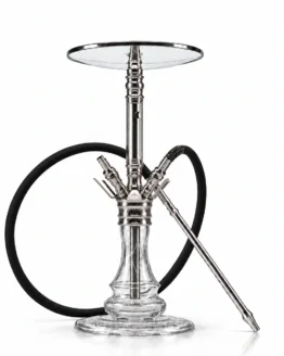 THE HOOKAH MEDUSA Silber auf Weiß, mit geschliffener Glas-Bowl, Glasteller, schwarzem Schlauch und silbernem Mundstück.