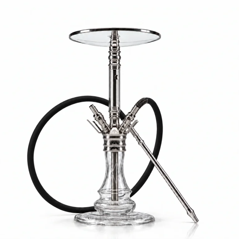 THE HOOKAH MEDUSA Silber auf Weiß, mit geschliffener Glas-Bowl, Glasteller, schwarzem Schlauch und silbernem Mundstück.