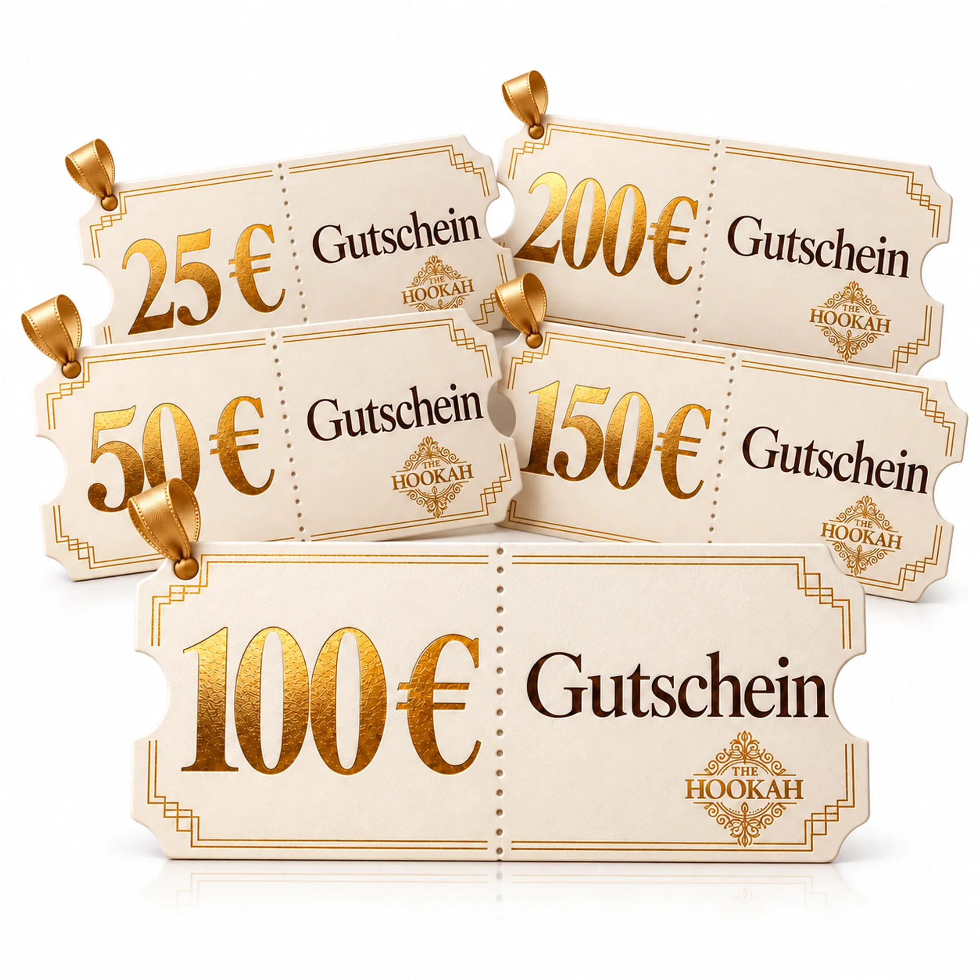 THE HOOKAH Geschenkgutscheine über 25, 50, 100, 150 und 200 Euro mit goldenem Logo auf hellem Hintergrund