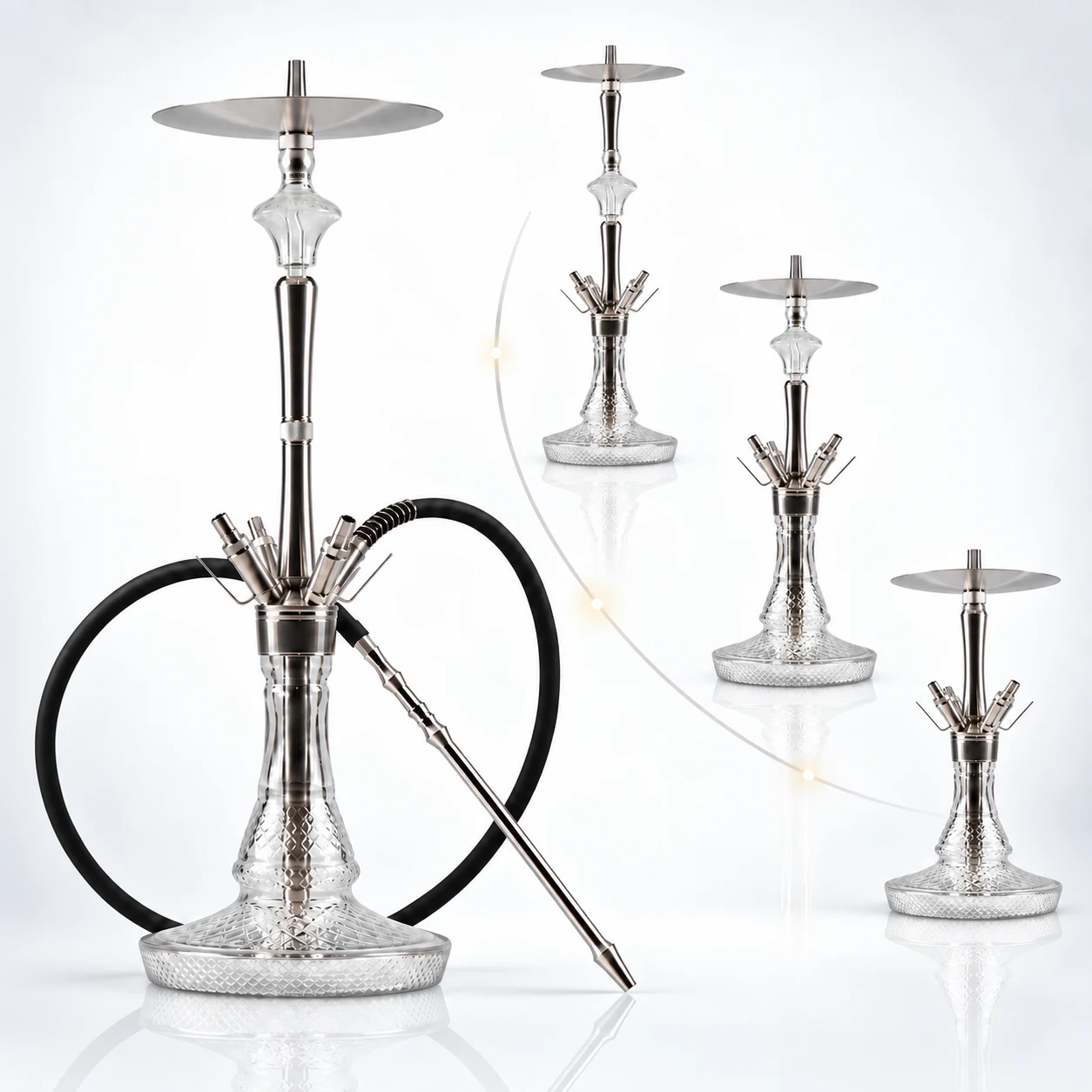 THE HOOKAH Hanzo Shisha in Silber mit schwarzem Schlauch und vier Aufbauvarianten