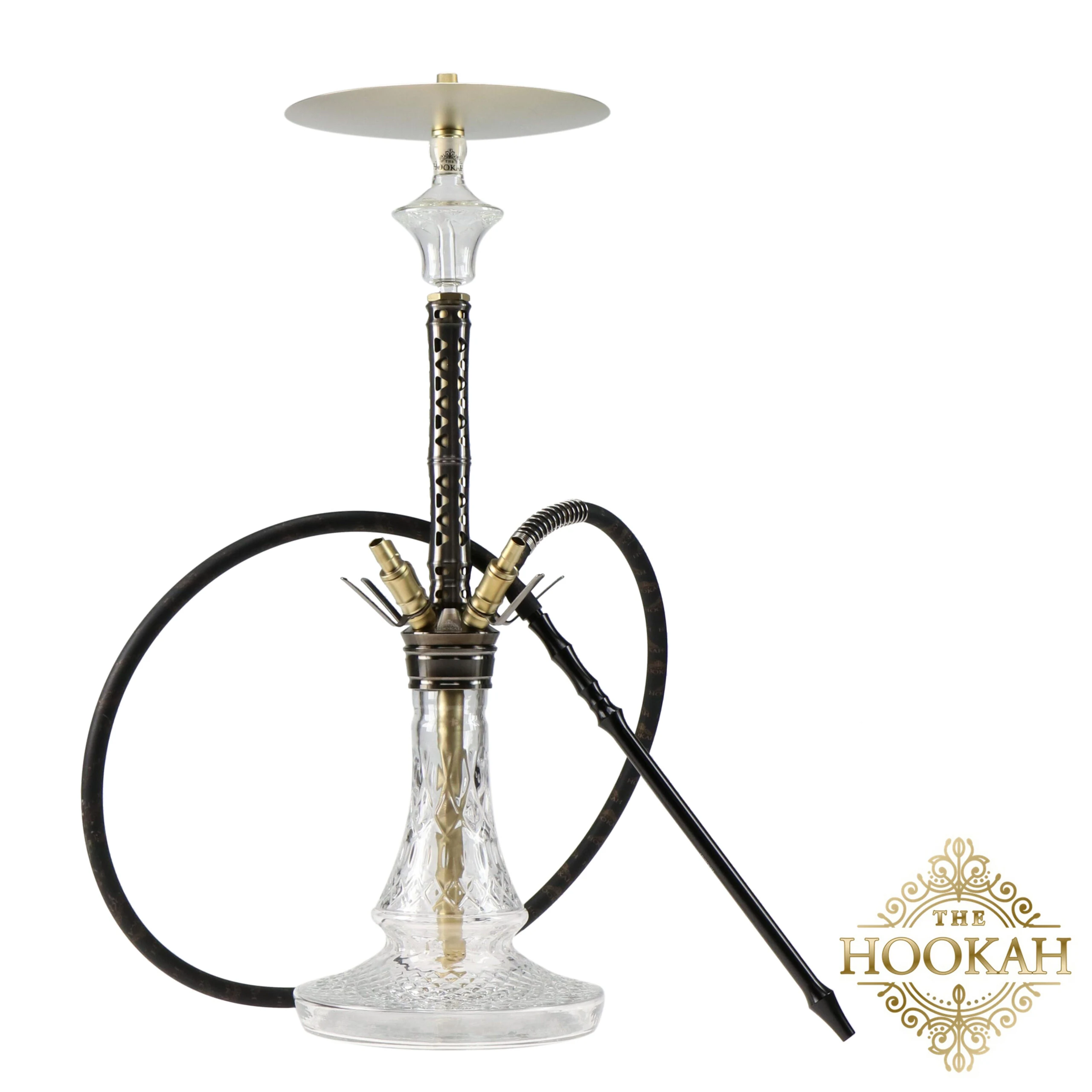 Schwarz-goldene Shisha mit klarer Glas-Bowl, schwarzem Schlauch und Mundstück