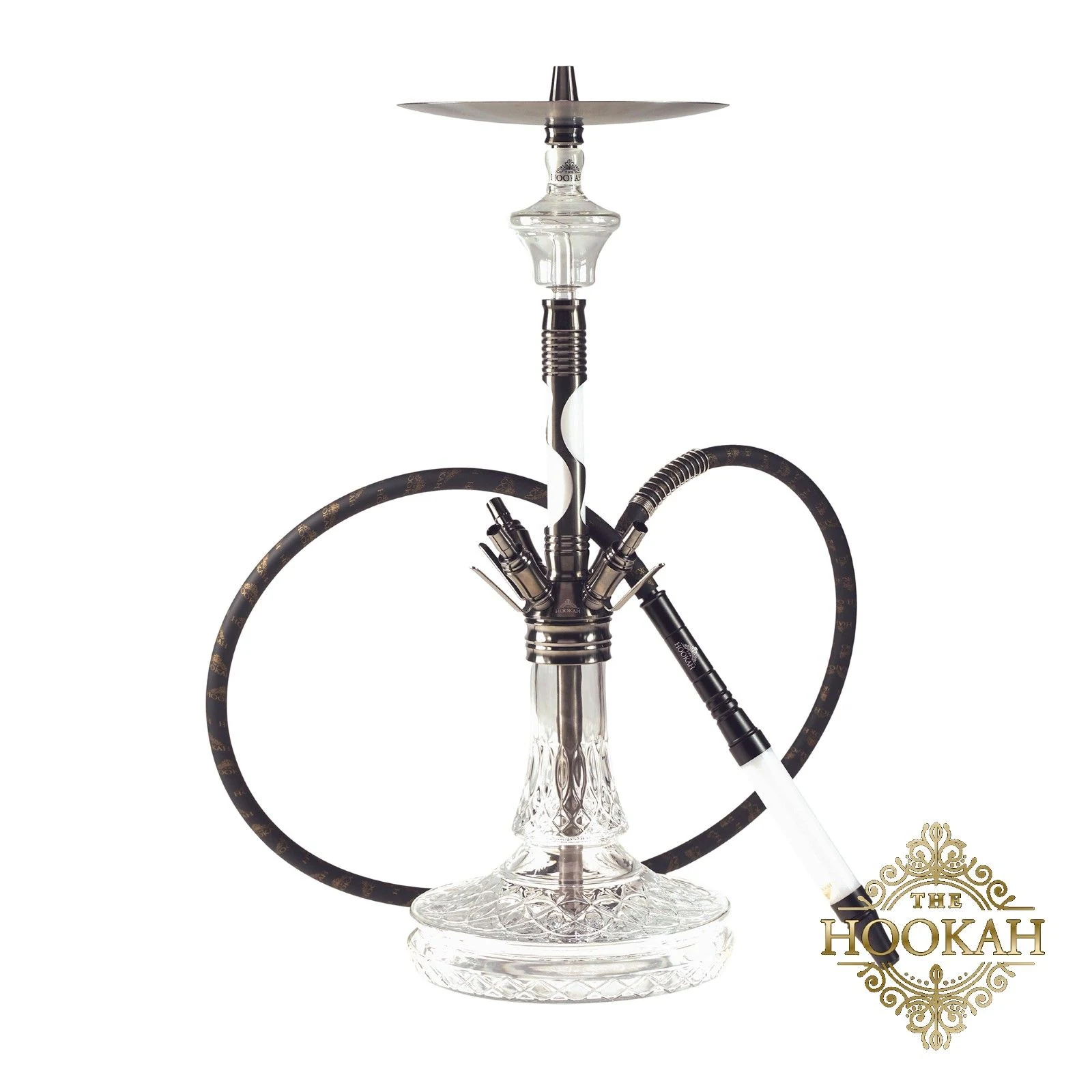 Schwarz-weiße Shisha mit klarer Schliff-Bowl, schwarzem Schlauch und weißem Mundstück