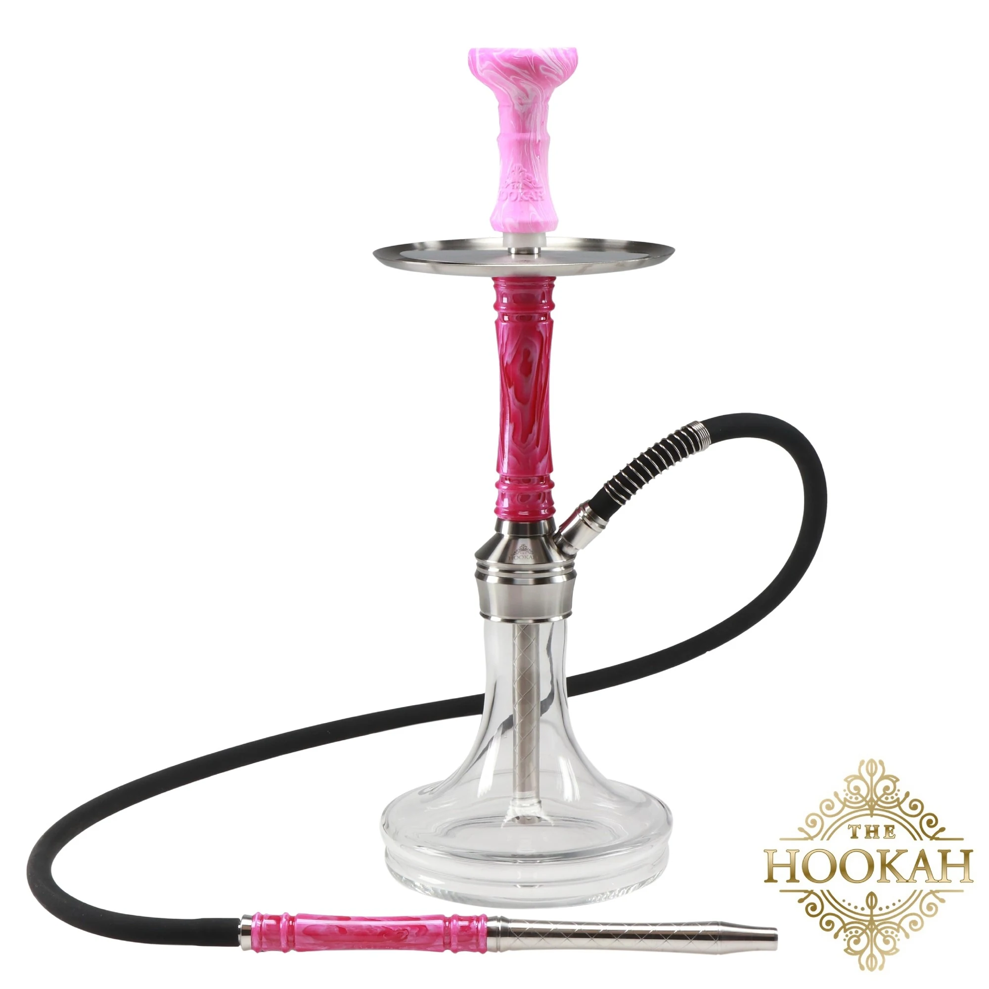 Pink-silberne Shisha mit klarer Bowl, schwarzem Schlauch und pink-silbernem Mundstück