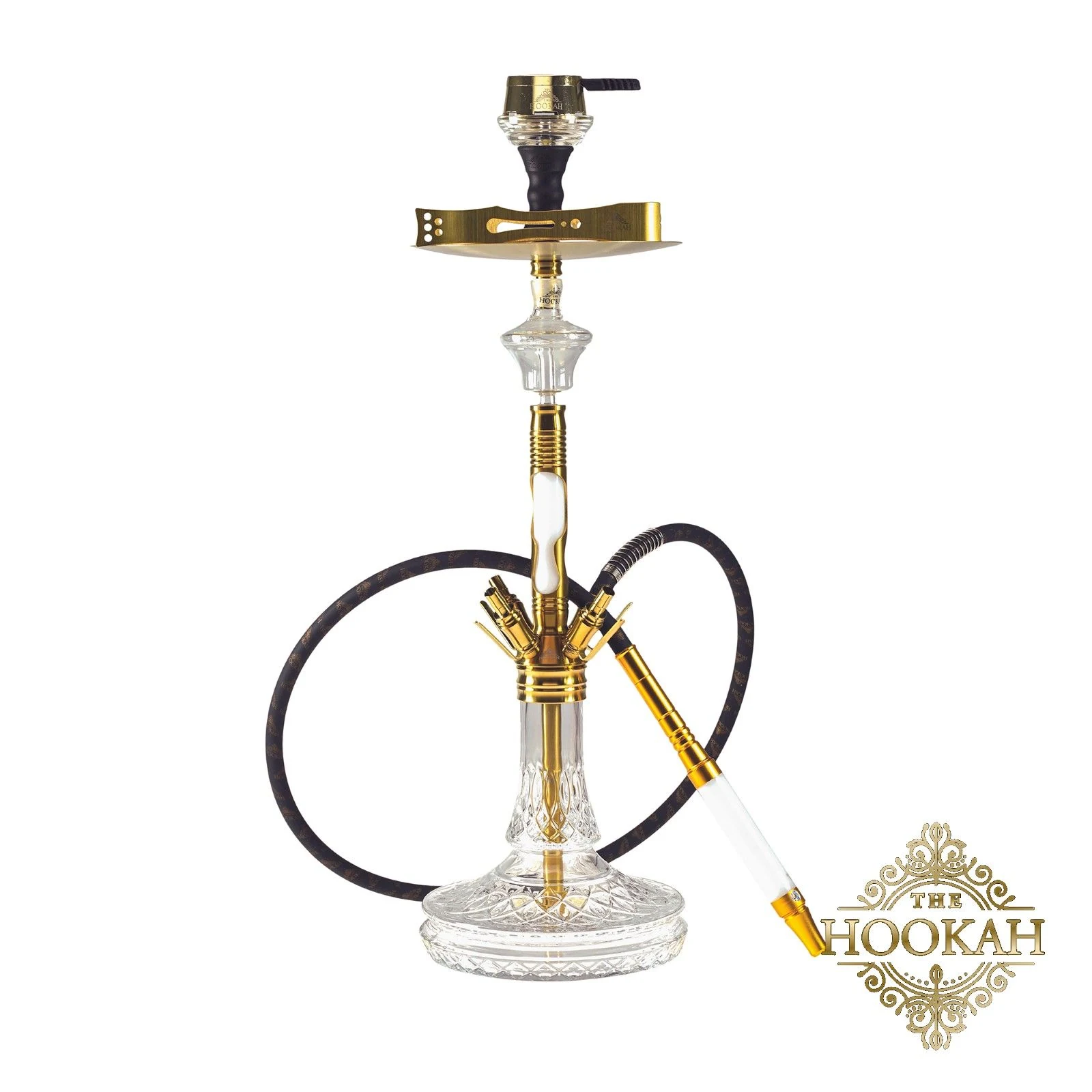Gold-weiße Shisha mit klarer Schliff-Bowl, schwarzem Schlauch und weißem Mundstück