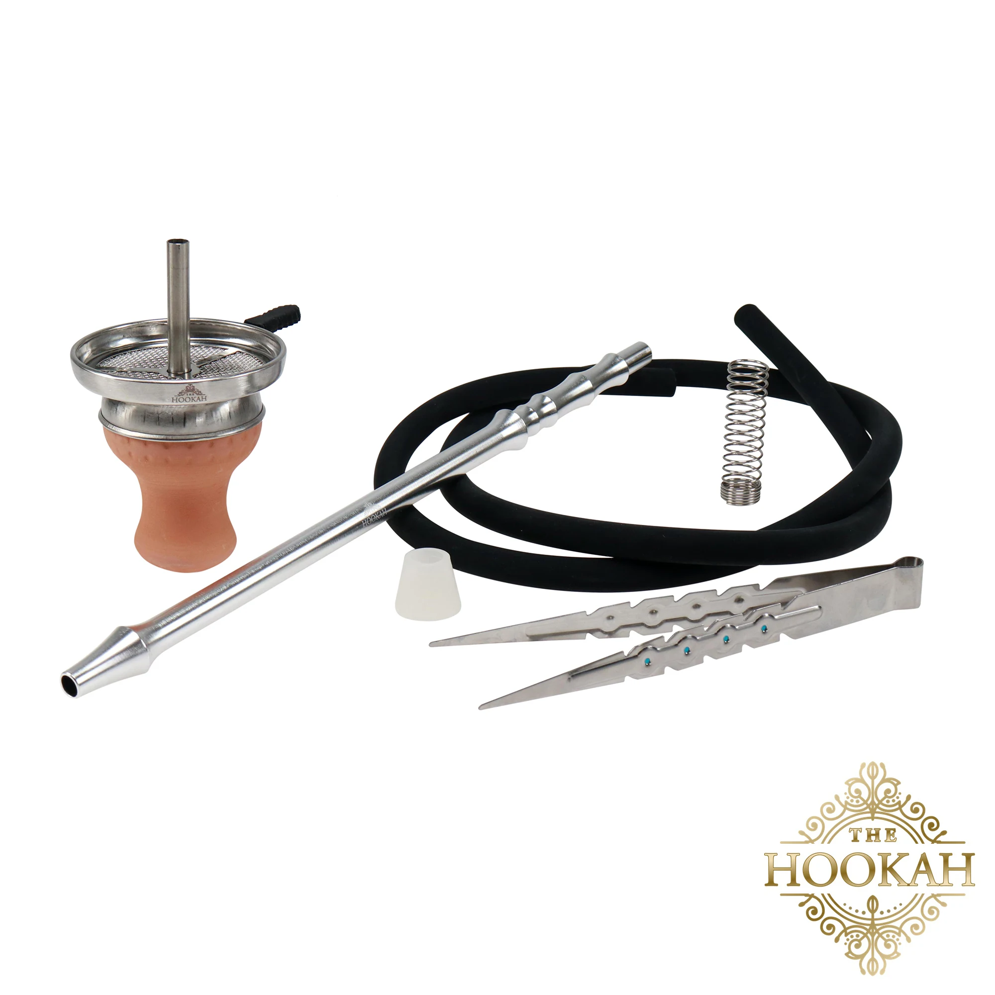 Shisha-Zubehörset mit Tonkopf, Kaminaufsatz, Schlauch, Mundstück und Zangen
