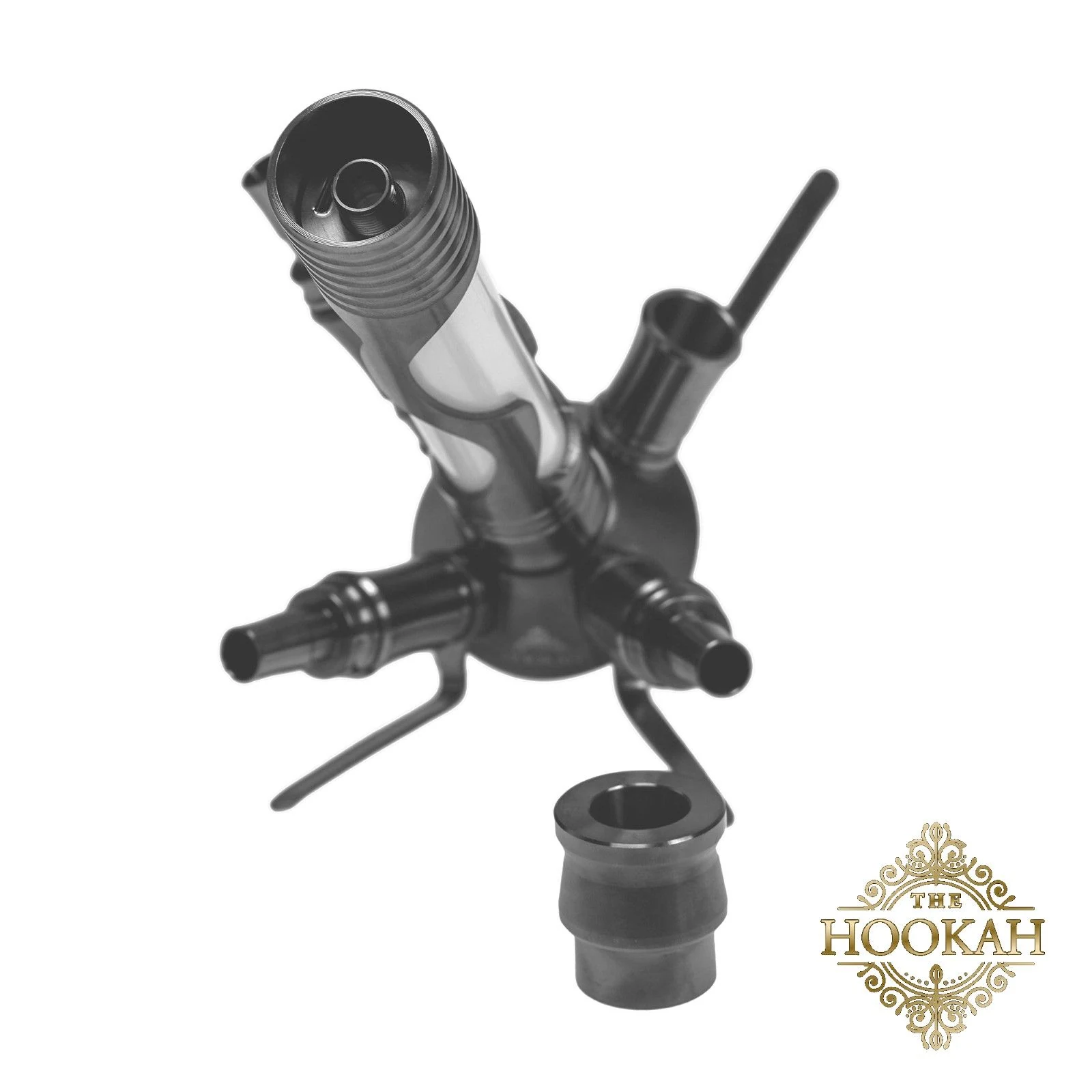 Nahaufnahme eines modernen schwarzen Shisha-Stamms mit mehreren Schlauchanschlüssen und einem Ausblasventil, das sein detailliertes Metalldesign hervorhebt.