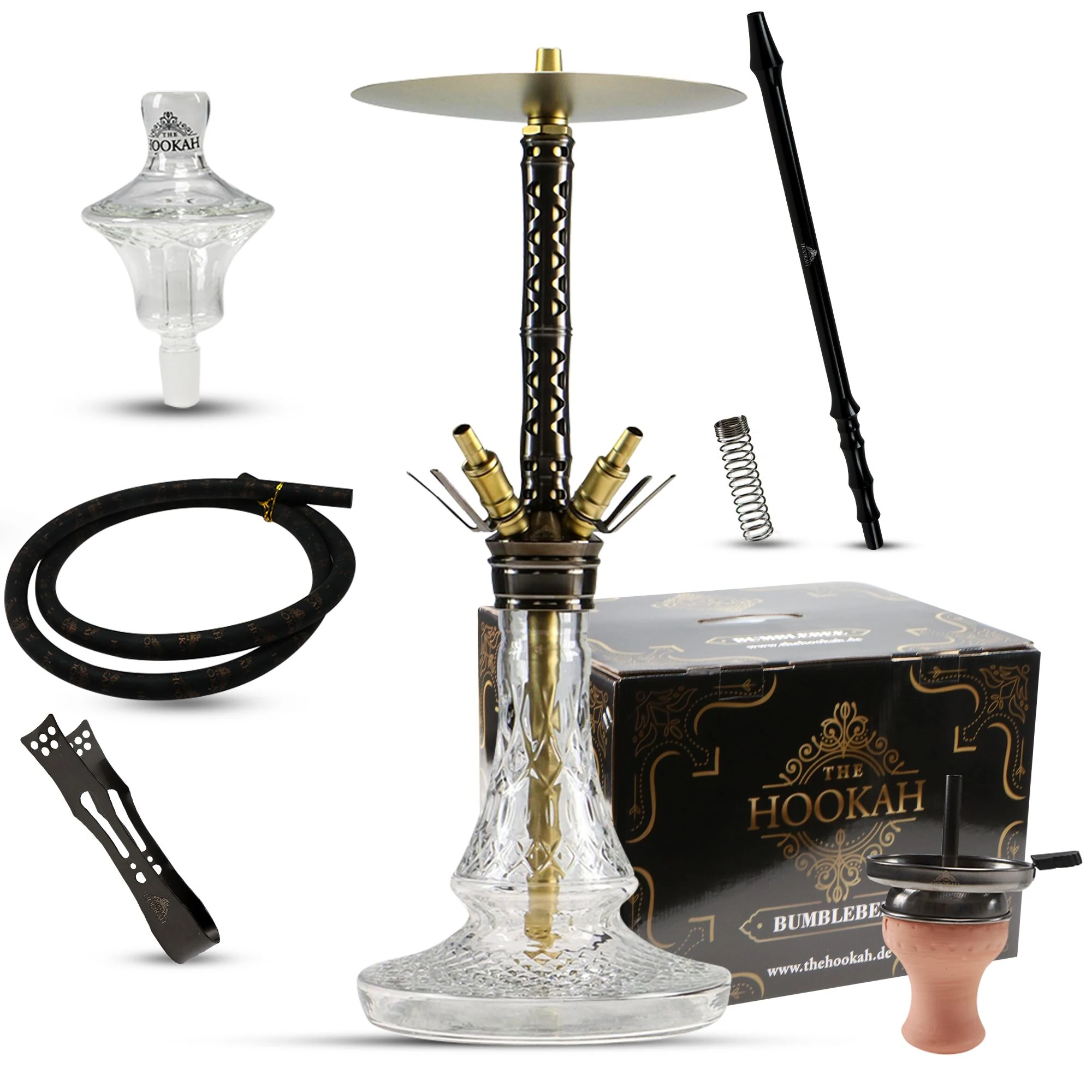 Schwarz-goldenes Shisha-Set mit Glas-Bowl, Schlauch, Mundstück, Zange und Tonkopf