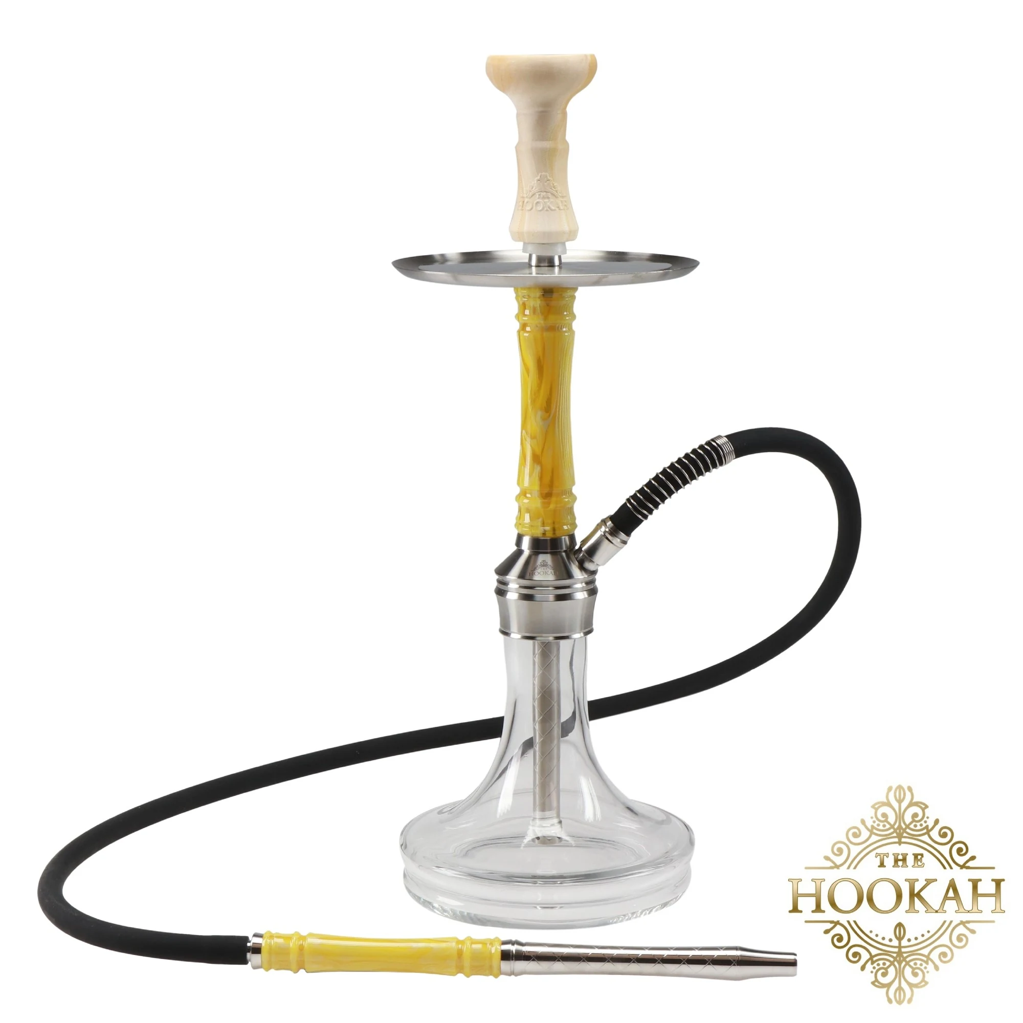 Gelb-weiße Shisha mit klarer Bowl, schwarzem Schlauch und gelb-silbernem Mundstück