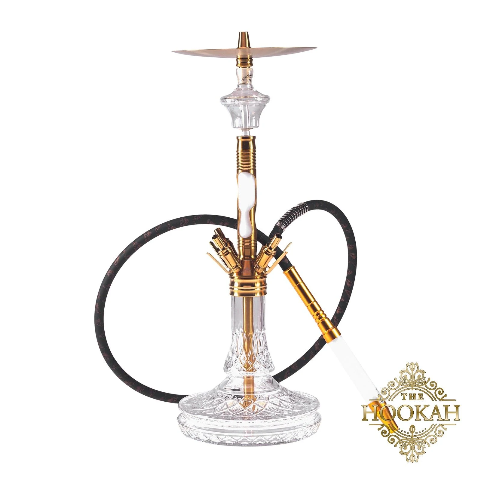 Gold-weiße Shisha mit klarer Schliff-Bowl, schwarzem Schlauch und weißem Mundstück