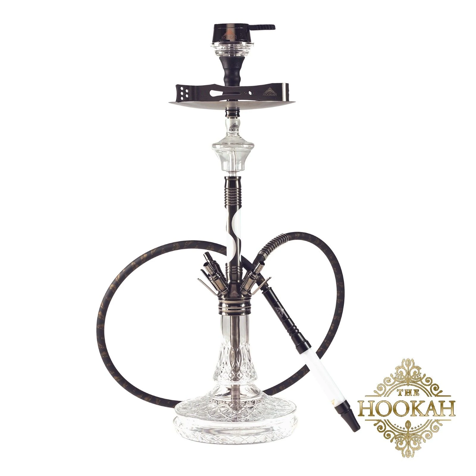 Schwarz-weiße Shisha mit klarer Schliff-Bowl, schwarzem Schlauch und Mundstück